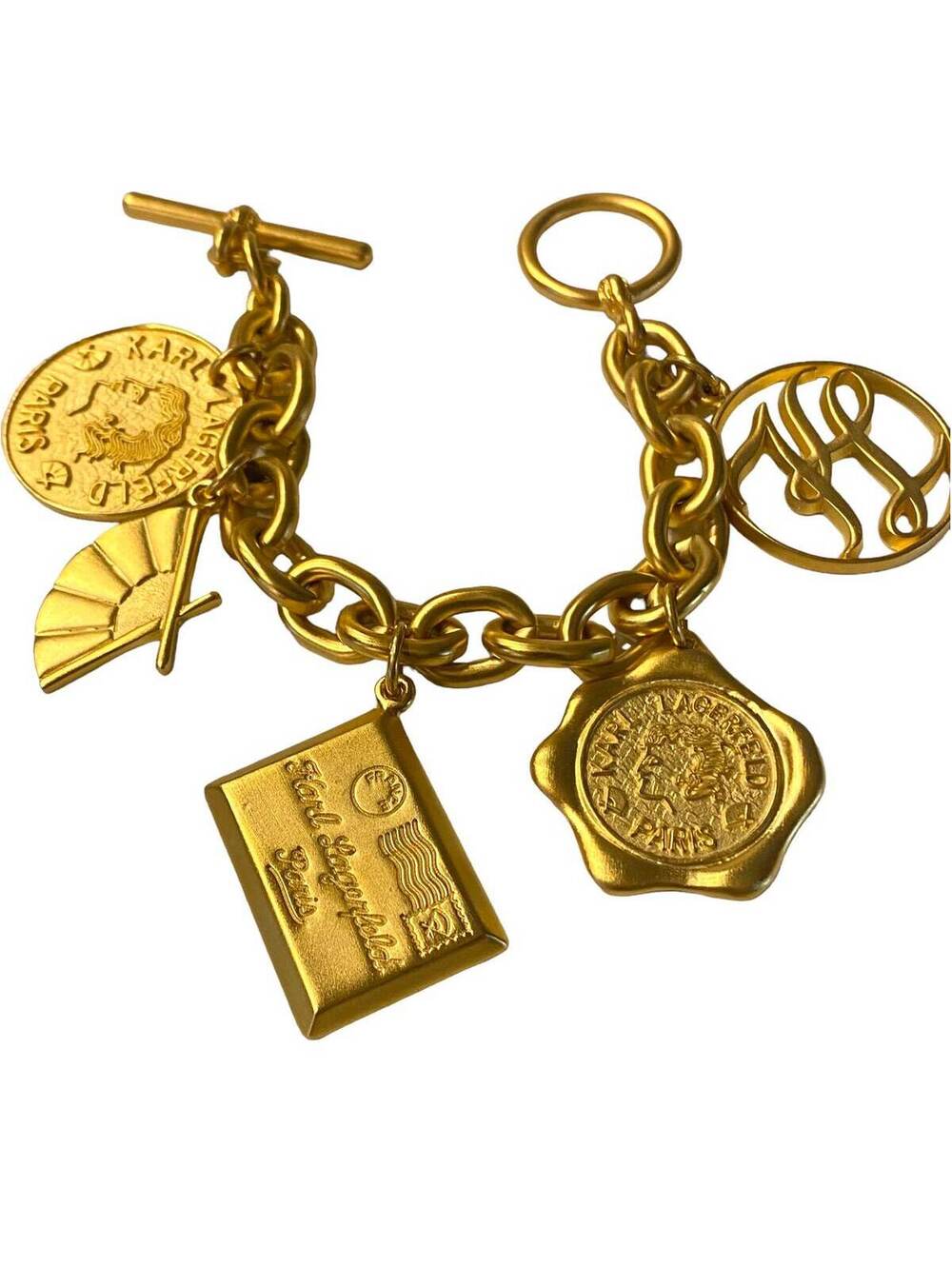 Karl Lagerfeld Baroque Brushed Gold Charm Letter Fan Bracelet 7.5”-8” BB11 KL